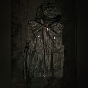 Guess faux leather black vest hoodie XS 2 way zipper